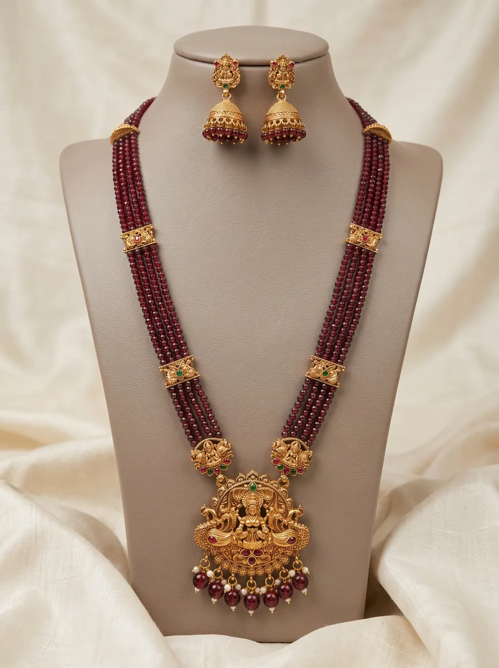 Peacock Lakshmi Crystal Bead Long Haram Set with Jhumkas in maroon
