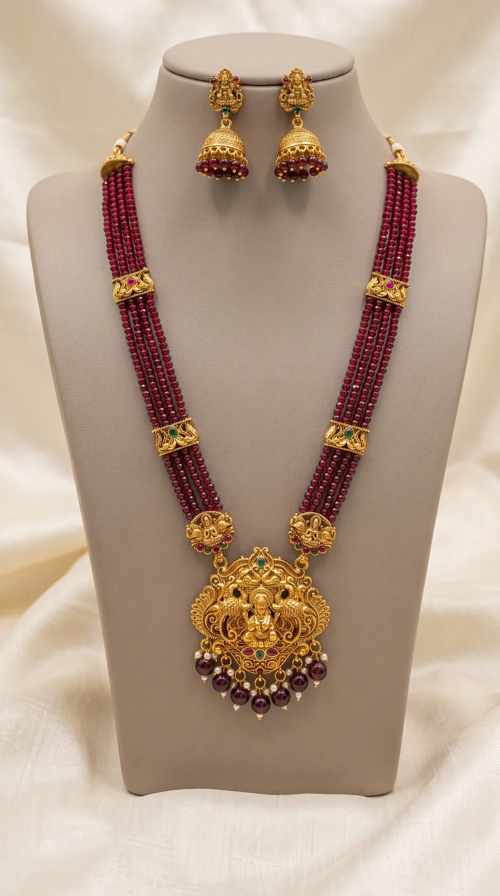 Round Lakshmi Crystal Bead Long Haram Set with Jhumkas - Maroon Beads