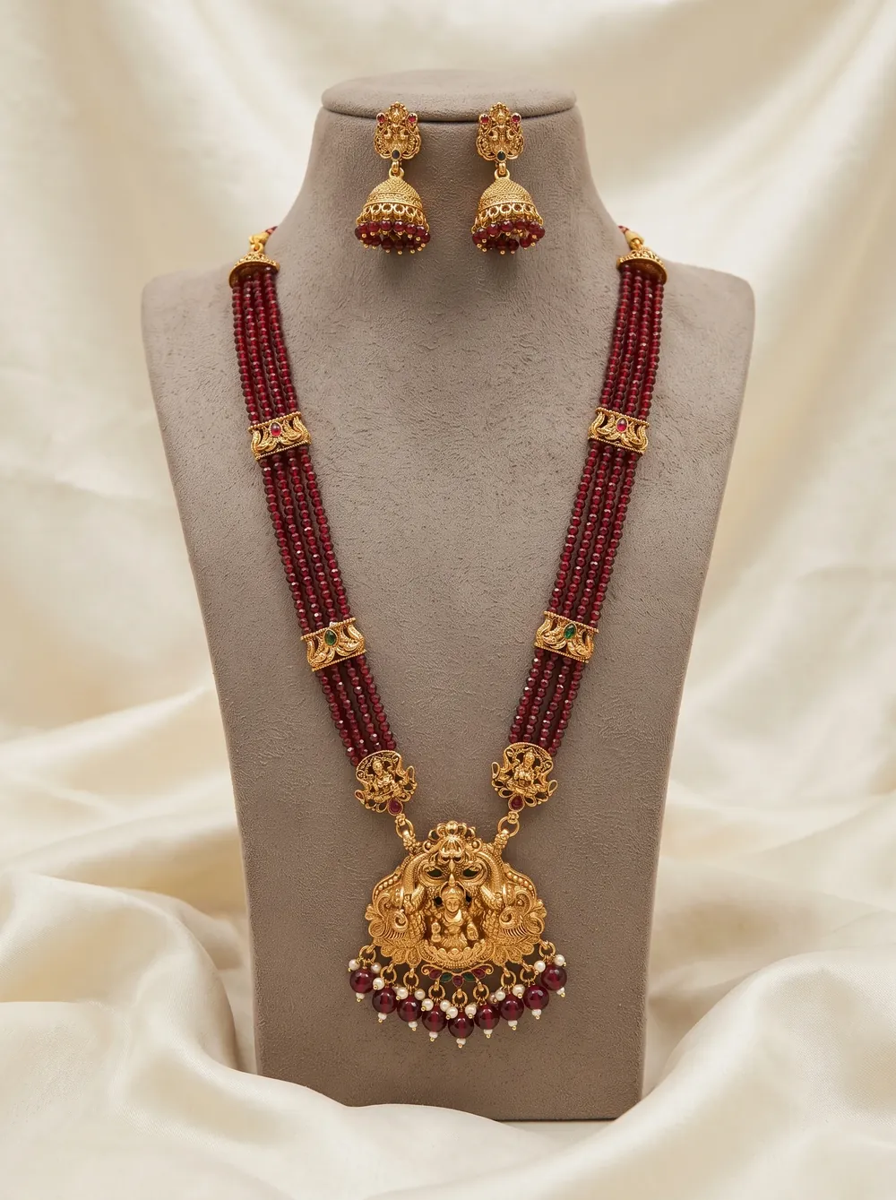 Compact Lakshmi Crystal Bead Long Haram Set with Jhumkas - Maroon Beads