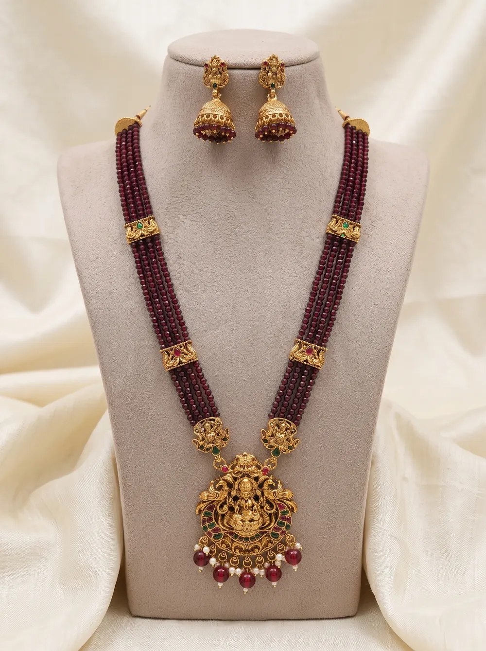 Ornate Lakshmi Crystal Bead Long Haram Set with Jhumkas - Maroon Beads