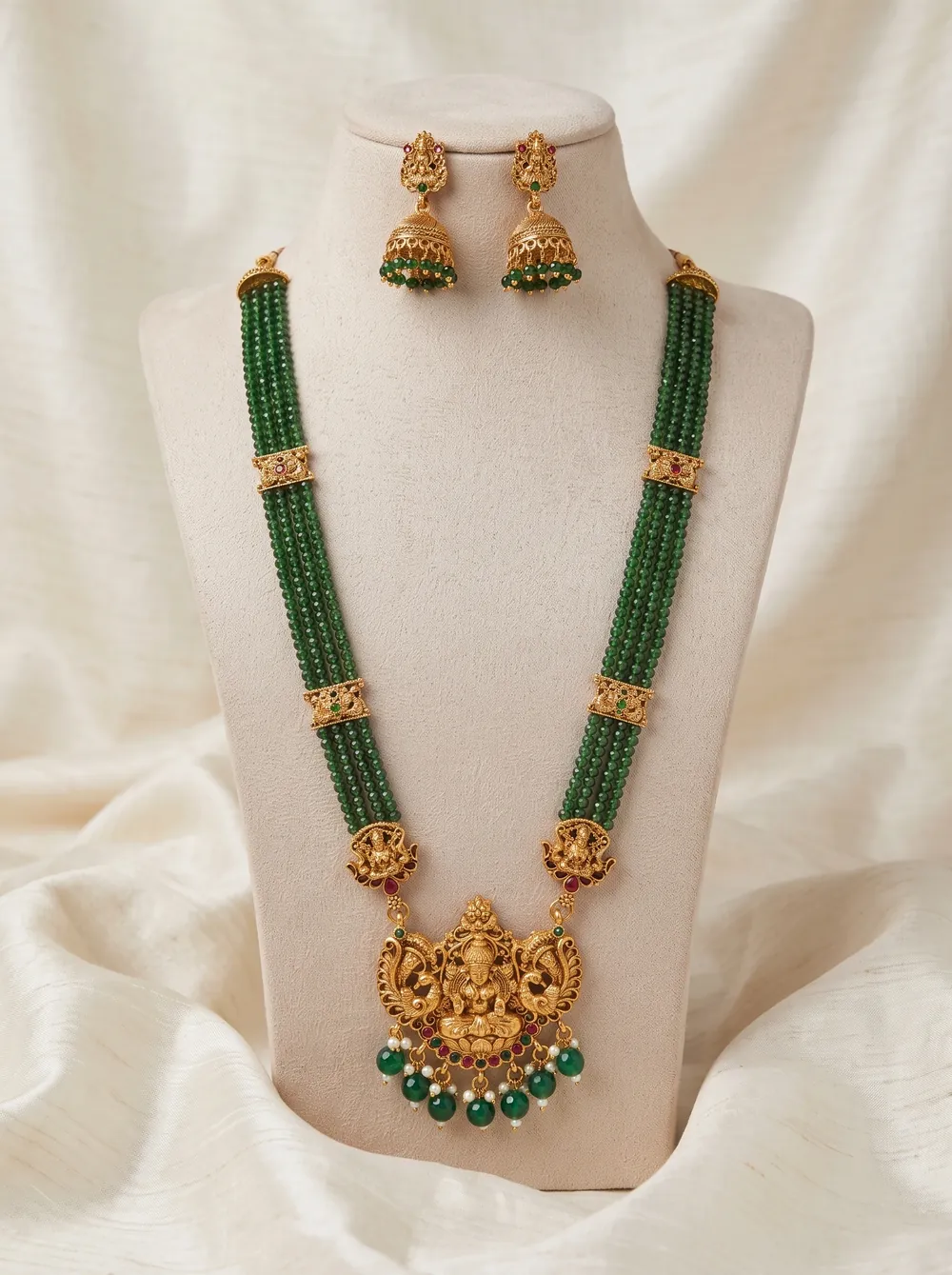 Emerald Green Lakshmi Crystal Bead Long Haram Set with Jhumkas