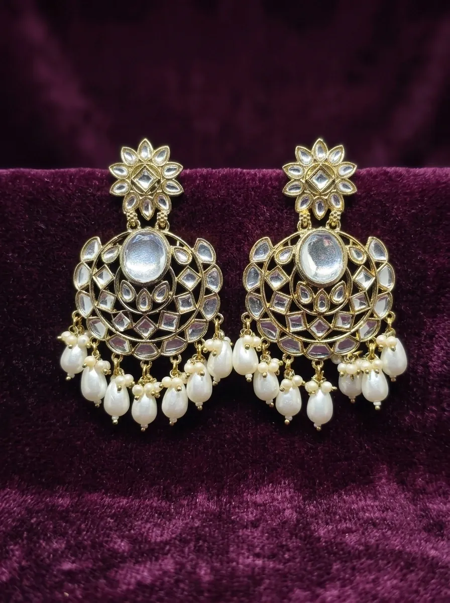 Floral Kundan Chandbali Earrings with Pearl Drops