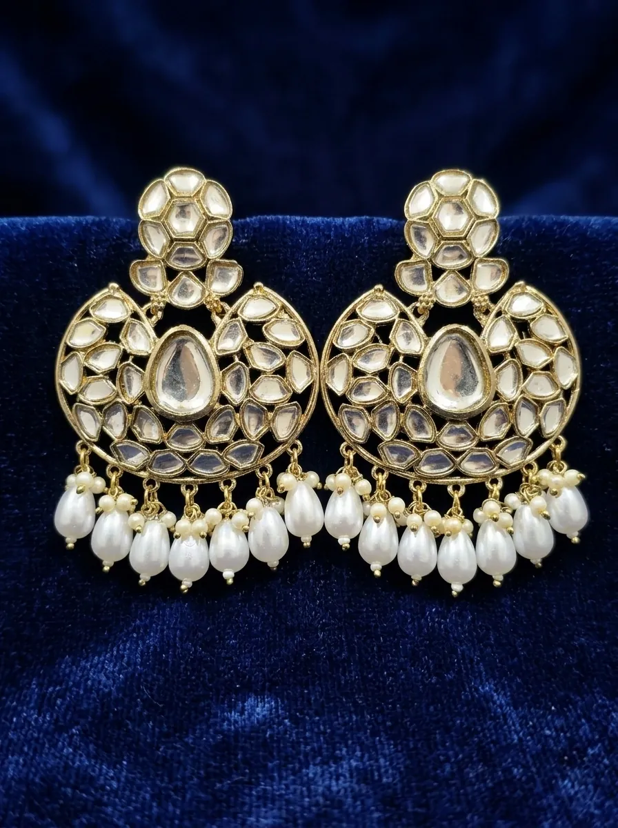 Wide Kundan Chandbali Earrings with Pear-Cut Centre