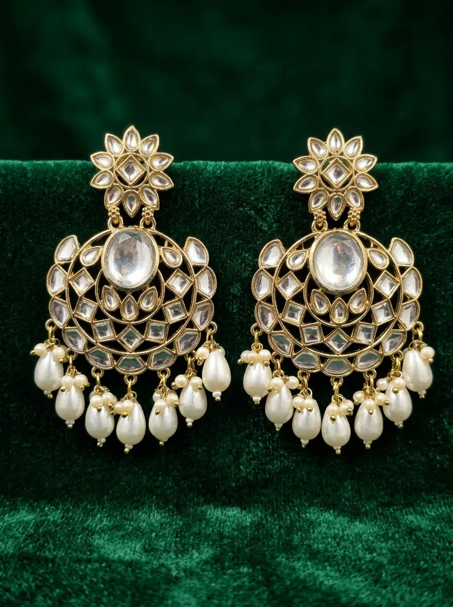 Round Kundan Chandbali Earrings with Pearl Fringe