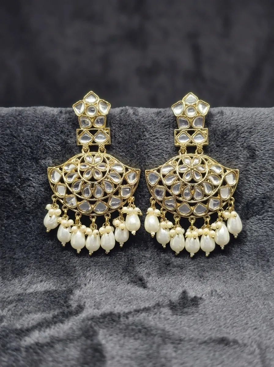 Kundan Fan Chandbali Earrings with Pearl Drops