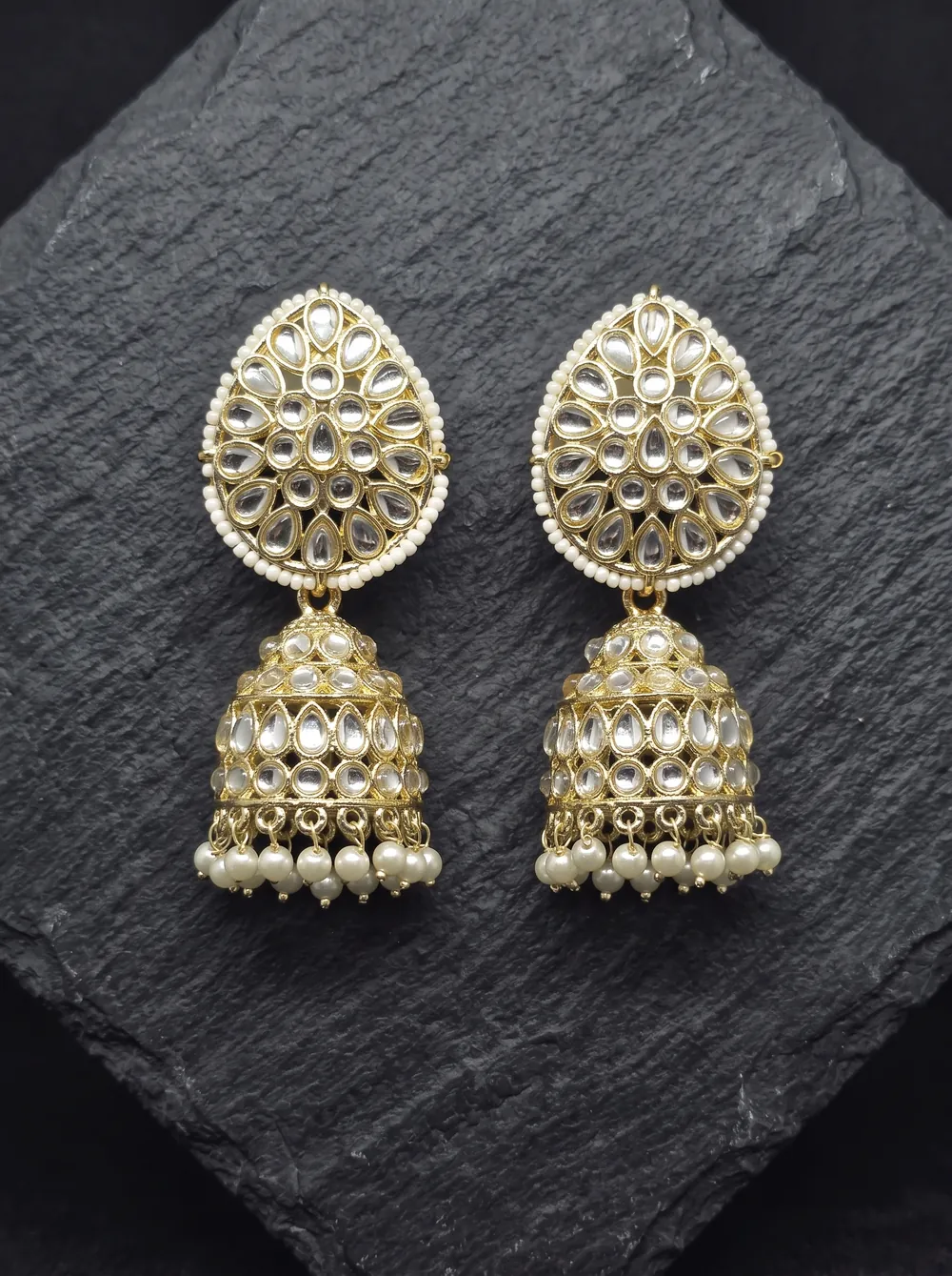 Teardrop Kundan Jhumka Earrings with Pearl Border