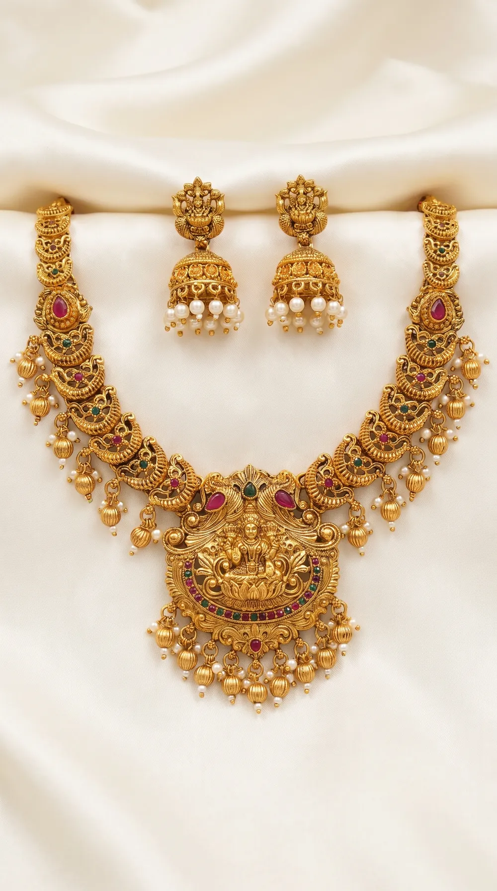 Lakshmi Mango Temple Necklace Set with Jhumkas