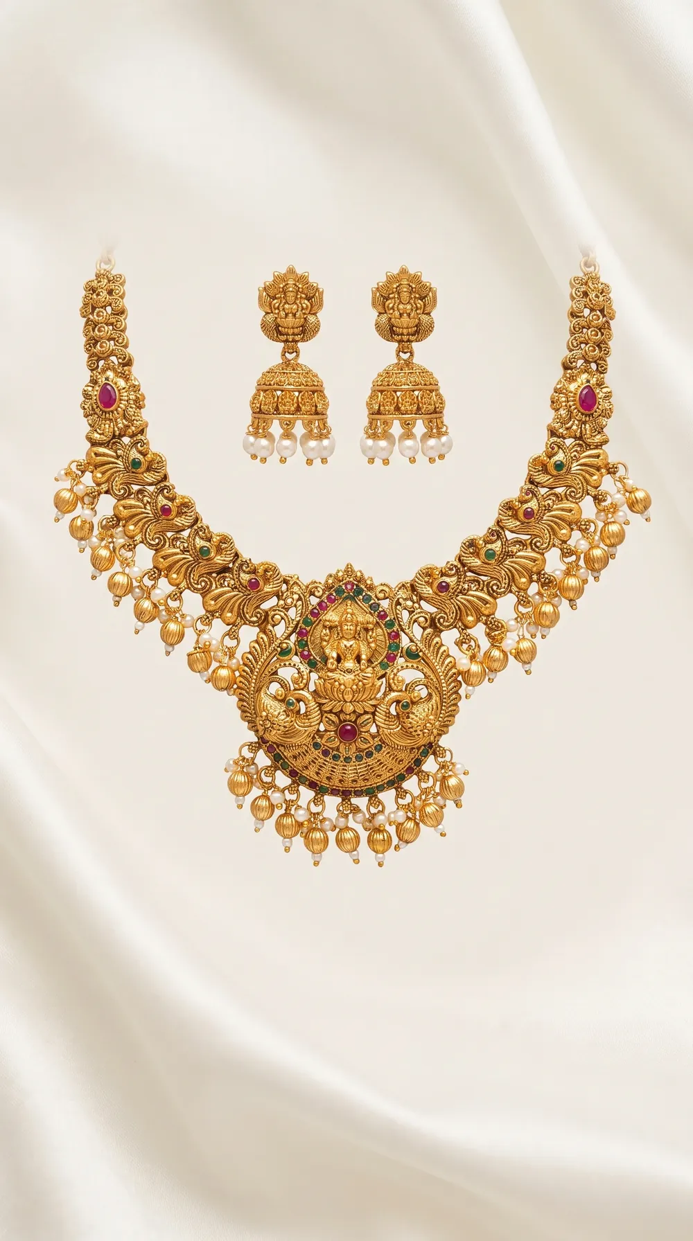 Lakshmi Peacock Temple Necklace Set with Jhumkas - Gold Bead Drops
